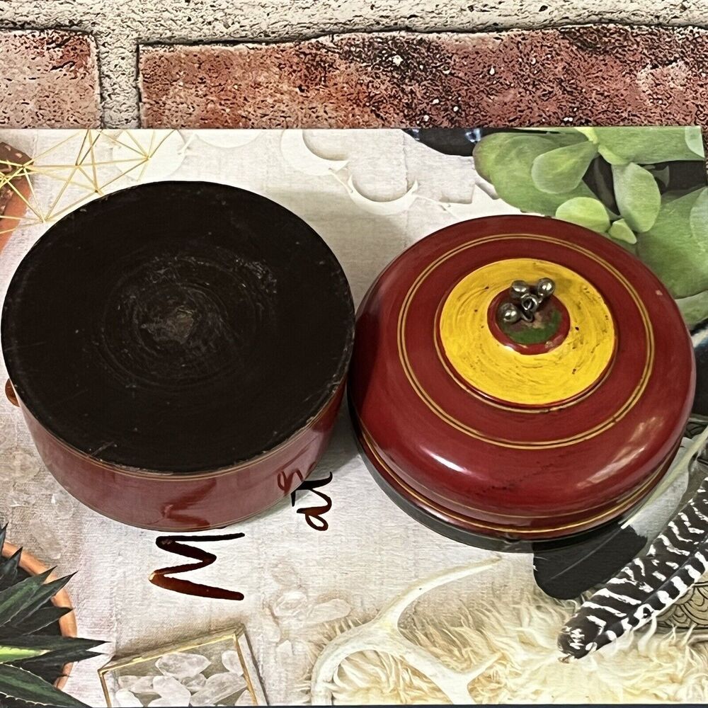 Vintage Wood Kumkum Lacquered Box Tika Powder Trinket Box Red Metal Pom Pom - Picture 15 of 17